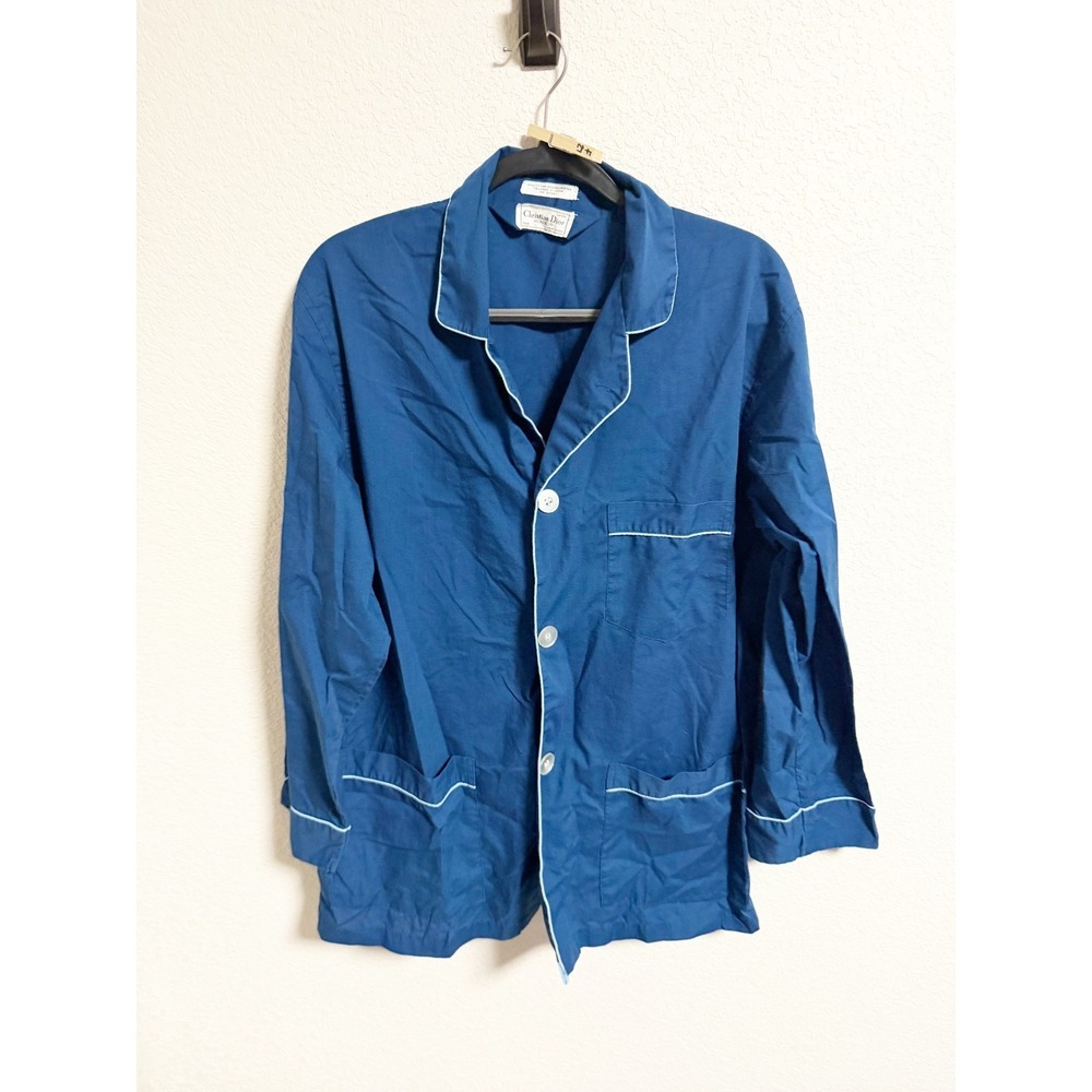 Christian Dior Monsieur Vintage Pajama Top Button Up Contrast Piping Blue Large
